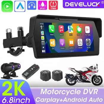 6,8-дюймовый мотоциклетный навигатор 2K DVR беспроводной CarPlay Android Auto IP67 водонепроницаемый двойной дисплей Bluetooth экран портативный TPMS
