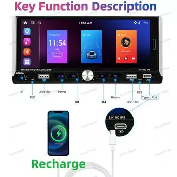 6.9 Android Автомобильный мультимедийный проигрыватель 1Din Радио Автомобильная стереосистема Головное устройство Беспроводной Carplay Автомагнитола GPS Навигация WIFI Android Auto