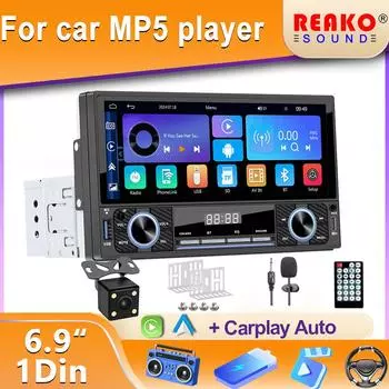 6,9-дюймовый 1Din автомобильный MP5 стереоплеер с 2 ручками, поддержкой Mirror Link, быстрой зарядки, сенсорного экрана BT FM Carplay с микрофоном 1 PCS