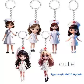 6-элементный акриловый плоский 2D-брелок для ключей с милой тематикой «Медсестра» Симпатичные персонажи мультфильмов «Медсестра», подходит для Дня медсестер, врачей, подарков и сувениров для медсестер M