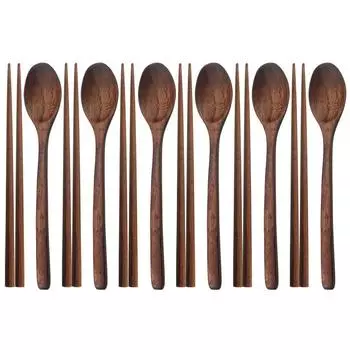 6 человек, ложка ручной работы, палочки для еды, столовые приборы, посуда, натуральная деревянная корейская ложка, ложка с длинной ручкой, палочки для еды, набор посуды из дерева service for 6 бежевый