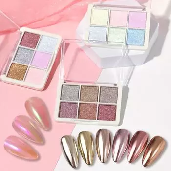 6 цветов лазерный Aurora сплошной зеркальный блеск для ногтей металлический лак для ногтей хром пигмент порошок 5#