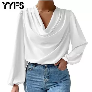 YYFS женские модные повседневные весенне-осенние однотонные блузки и рубашки с длинным рукавом и v-образным вырезом с принтом S