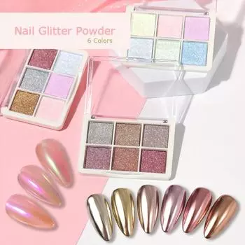6 цветов Aurora, однотонная зеркальная пудра для ногтей, блестящая пыль, металлический эффект, УФ-гель-лак для ногтей, пигмент, украшения для ногтей, аксессуары F6S01
