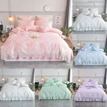 6 цветов, хлопковая кружевная вышивка, коллекция принцессы, юбка-кровать, комплект постельного белья из четырех предметов Sheetasa 1.5m 4pcs зелёный