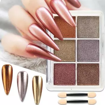 6 цветов хромированной пудры для ногтей металлик для нейл-арта набор пигментов с кисточками пудра с блестками для ногтей с зеркальным эффектом 6GTR04