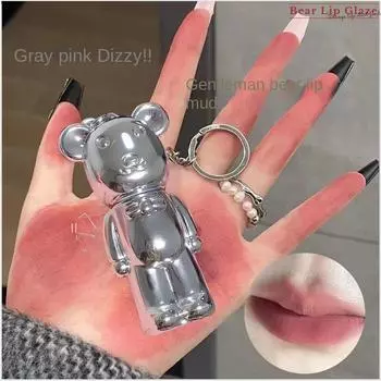 6 цветов милый медведь блеск для губ матовая помада брелок кулон водостойкий увлажняющий макияж губ Джентльмен Медведь Бархатная матовая глазурь для губ / мультяшный медведь 01#