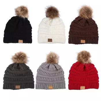 6 цветов модная вязаная зимняя шапка с помпоном из искусственного енота для сохранения тепла Black