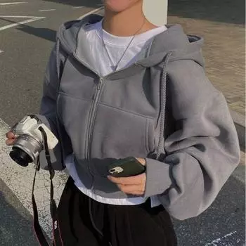 6 цветов однотонная толстовка с капюшоном на молнии и завязками, повседневная толстовка с длинным рукавом и карманом, женская одежда S темно-серого