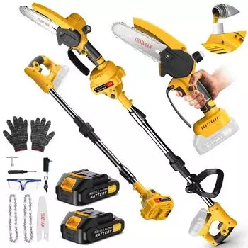 6-дюймовая мини-электропила 2-в-1, аккумуляторная штанговая пила, быстрая и мощная резка, кусторез для деревьев, бесщеточные садовые ножницы