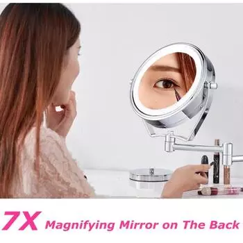 6-дюймовое 7-кратное увеличительное светодиодное зеркало для макияжа, двухстороннее настенное складное зеркало для макияжа в ванной комнате