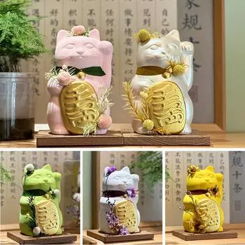 6-дюймовый красочный керамический кот удачи Манеки-неко с деревянной подставкой, сохраненный цветок, коллективный подарок-кошка, украшение зелёный