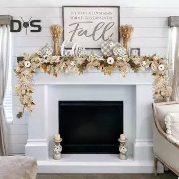 6-футовая осенняя гирлянда из искусственных кленовых листьев, тыквенных ягод, дверная праздничная гирлянда для урожая на День благодарения, каминный стол, крыльцо, декор хаки