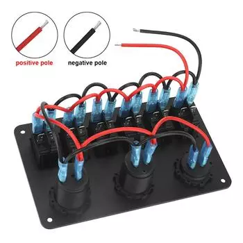 6 Gang Rocker Switch Panel Dual USB Ports ON/OFF Lights Waterproof Car Marine Circuit Breaker LED Digital Voltmeter DC 12V/24V зелёный