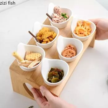 6 Grids Ceramic Snack Bowl Wooden Base Snack Platter Tasting Plate Fruit Bowl Dessert Bowls Dim Sum Dish Dinner Plates Tableware