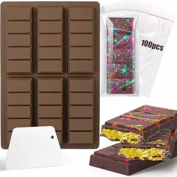 6-hole Chocolate Bar mold, Thick Chocolate Bar Mold Silicone Filled Knafeh Pistachio Chocolate Bar (10 Snaps)and (100pcsbags) коричневый