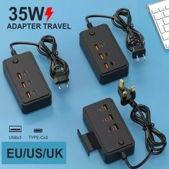 6 In 1 35w Desktop Power Strip With 3 USB 3 Type C Ports Phone Holder Fast Charging Multiple Charging Port For Tablet Laptop US White