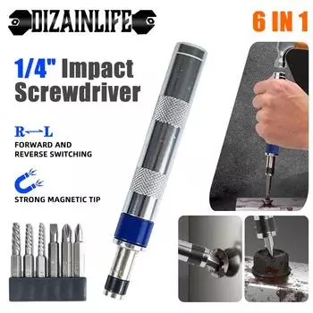 6 in 1 Impact Screwdriver 1/4 Inch Drill Bit Stripped Rusted Stuck Broken Remover Damaged Screw Extractor Set Repair Tool