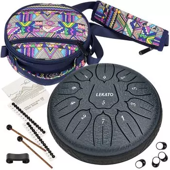 6-inch 11-note slit-drum tongue drum with storage bag, perfect for yoga, meditation, Zen, and prayer. Includes sheet music (blue).
