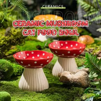 6 Inch Mushroom Cat Bowl Ceramic Elevated Shelf, Beard Friendly Raised Cat Food Bowl For Food & Water For Flat Inclined Cat Plat красный
