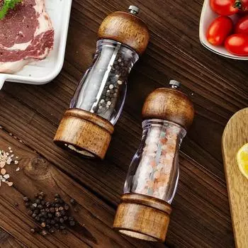 6 Inch Solid Wood Pepper Grinder Set Retro Clear Seasoning Bottle Ceramic Grinding Core Pepper Salt Grinding Bottle Kitchen Tool
