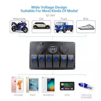 6-клавишный кулисный переключатель, панель 12 24 В, двойная USB-розетка для зарядного устройства, вольтметр, дисплей напряжения для морского автомобиля, грузовика, яхты красный