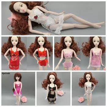 6 компл./лот модные платья для кукол Барби, одежда, пижамы, нижнее белье, ночная рубашка, кружевное ночное платье + бюстгальтер + нижнее белье, аксессуары для кукол разноцветный