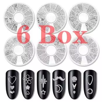 6 коробок для дизайна ногтей, заклепки, ювелирные изделия Xingyue, украшения для ногтей из металлического сплава, заклепки, полая коробка из сплава, украшения для ногтей серебряный