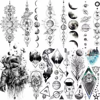 6 листов черный космос временные татуировки для взрослых геометрические планеты поддельные татуировки Вселенная космонавт галактика татуировки для женщин мужчин