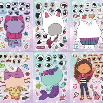 6 листов кукольного домика Габби, наклейки-пазлы для лица, мультяшные интерактивные головоломки для родителей и детей, наклейки для лица своими руками onesize