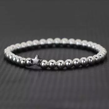 6 мм нанизанные вручную круглые бусины черного желчного камня мужские и женские браслеты из нержавеющей стали модные любовные звезды браслет пара подарок 19.5cm/7.67inch