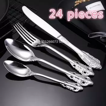 6 наборов по 24 предмета из нержавеющей стали марки 304, столовые приборы в стиле ретро-дворца, столовые приборы для стейков в стиле вестерн, позолоченная высококачественная столовая посуда