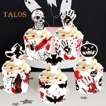 6 наборов вставок для кексов и бумажных стаканчиков с принтом на тему Хэллоуина, наборы для кексов, создающие атмосферу, пищевые украшения для торта на вечеринку в честь Хэллоуина B