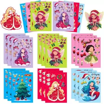 6 наклеек-менялок для лица из серии «Рождественские принцессы», головоломки-дудлы, наклейки для DIY декора в виде эльфов-русалок