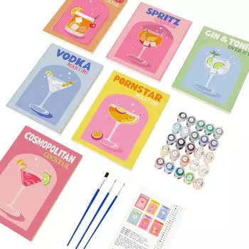 6 Pack Retro Cocktail Paint By Numbers Kit, Painting Kits For Beginners On Colored Canvas, Vintage Easy Paint By Number On Canvas One Size