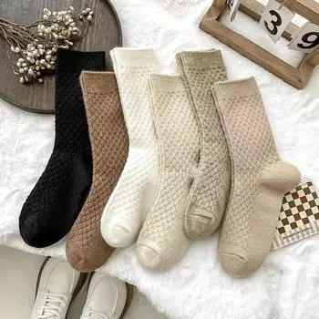 6-Pack Small Rhombus Plush Socks Women s Mid-Calf Autumn and Winter Thickened Warmth Terry Cloth Solid Color Home Towel Socks One-size