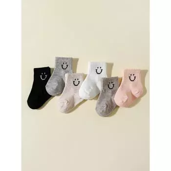 6 Pairs Baby Smile Socks, Cute Side Smile Ankle Socks for 0-12 Month Newborn Infant Boy Girl Non-Slip Funny Cartoon Toddler Socks 6-12m