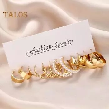 6 пар/комплект женские серьги-кольца C-образной формы искусственный жемчуг витые полированные гладкие геометрические украшения для выпускного вечера женские висячие серьги золотистый