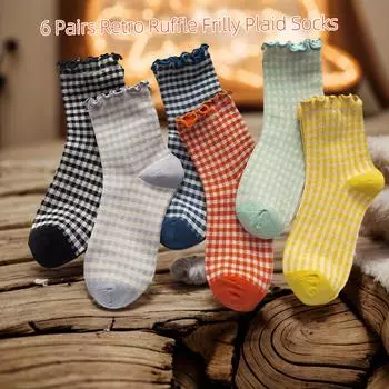 6 Pairs Women s Cute Ruffle Frill Stripe Colour Blocking Cotton Knit Casual Crew Socks, Casual Cute Ankle Socks One-size