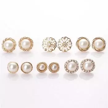 6 пар элегантных крошечных сережек-гвоздиков с бриллиантами и жемчугом 6 Pairs