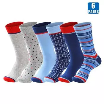 6 пар деловых носков для мужчин, хлопковые, высокого качества, мягкие, повседневные, модные, синие, с узором в горошек, четыре сезона, большие размеры, мужские носки для платья Men 10-15