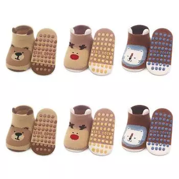 6 пар детских хлопковых носков, нескользящие, для мальчиков и девочек, милые с мультяшным животным принтом, удобные, дышащие, детские напольные носки S 0-1Y 9-11cm