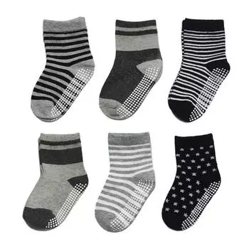 6 пар детских носков в полоску со звездочками, нескользящие напольные носки для малышей и маленьких мальчиков L 3-5Y 14-16cm