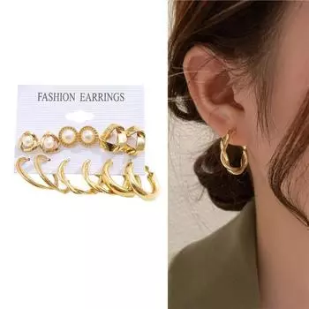 6 пар/компл. серьги-кольца из сплава, комплект серег-гвоздиков в минималистском стиле с геометрическими стразами, ювелирные изделия в подарок золотистый