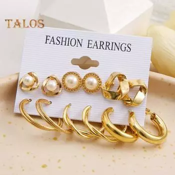 6 пар/компл. серьги-кольца из сплава, комплект серег-гвоздиков в минималистском стиле с геометрическими стразами, ювелирные изделия в подарок золотистый