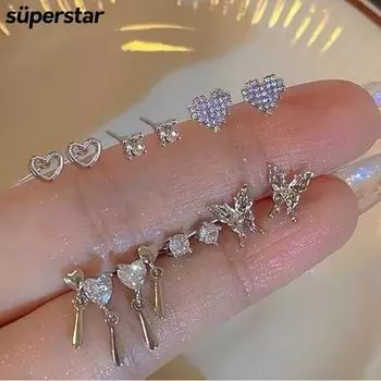 6 пар/компл. серьги-подвески с бабочками, набор для женщин, гипоаллергенные серебряные серьги-гвоздики в форме сердца, аксессуары, ювелирные изделия