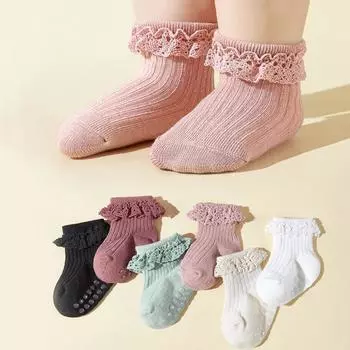 6 пар/комплект хлопковых носков, детские нескользящие носки-лодочки, низкие носки для мальчиков и девочек, кружевные носки с оборками для малышей от 0 до 3 лет XS(0-6m) разноцветный