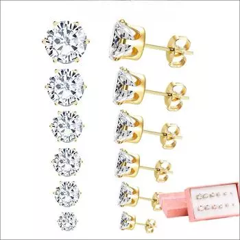 6 пар/комплект сережек-гвоздиков из нержавеющей стали с круглым белым кубическим цирконием, гипоаллергенные серьги с 6 когтями, модные ювелирные изделия