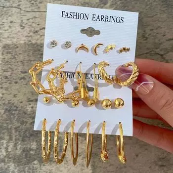6 пар модных серег для женщин и девочек, золотые серьги-кольца со стразами и жемчугом, круглые серьги-гвоздики, набор для дня рождения, ювелирный подарок E