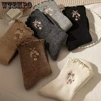 6 пар мягких и уютных носков с цветочной вышивкой, удобные женские чулки и чулочно-носочные изделия с отделкой в виде салата для тепла 6 Pairs